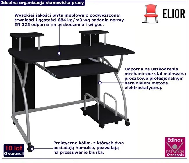 Czarne duże biurko do pracy na kółkach - Elmot