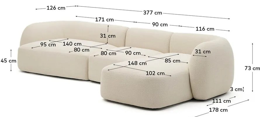 Kremowy narożnik z tkaniny szenilowej (prawostronny/z szezlongiem) Martina – Kave Home