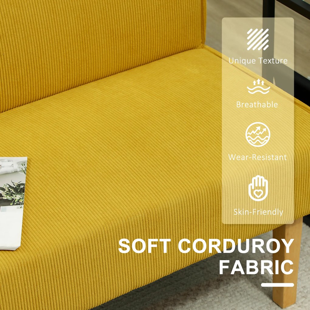 HOMCOM Sofa dwuosobowa z pokryciem kordowym, grubą tapicerką i solidnymi nogami drewnianymi do salonu, sypialni, biura, Żółty