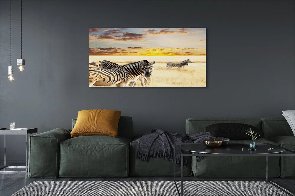 Obraz na płótnie Stado Zebr o Zachodzie Słońca