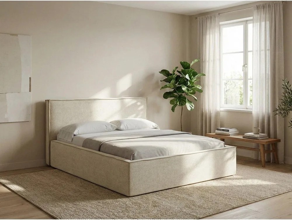 Tapicerowane łóżko dwuosobowe w kolorze terakoty ze schowkiem i stelażem 160x200 cm Anani – Makamii