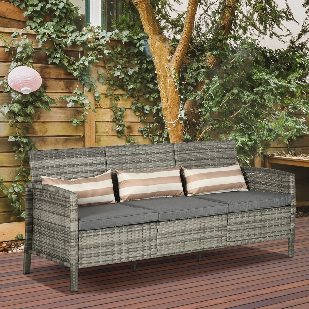 Outsunny Rattan sofa zewnętrzny trzyosobowa ogród sofa wypoczynkowa z poduszkami stal szary