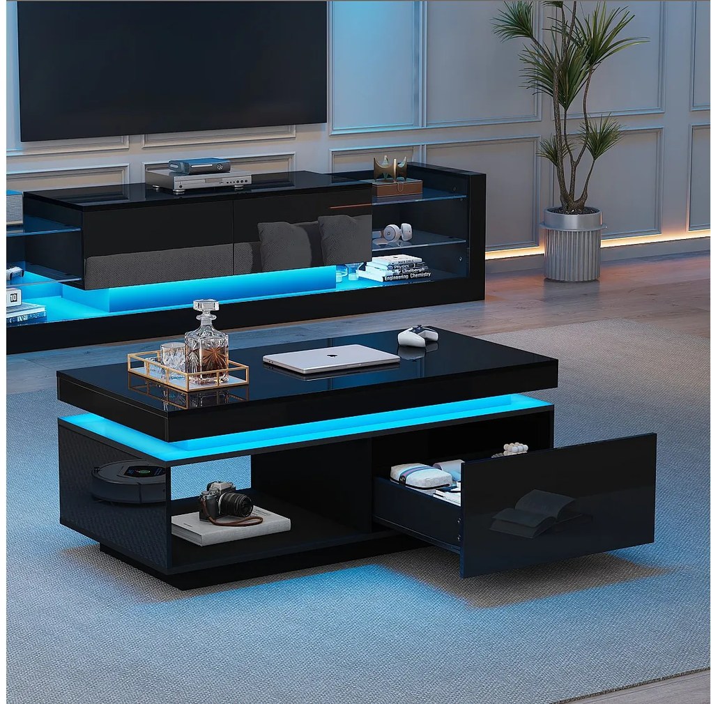 Zestaw stolik pod TV: 181 x 38 x 38 cm + stolik kawowy: 100 x 50 x 40 cm - Diody LED - Płyta wiórowa - Czarny połysk