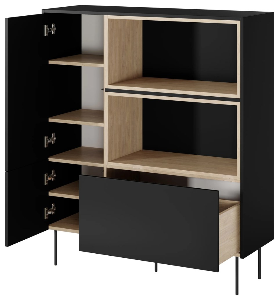 Komoda wysoka Desin 120 cm dwudrzwiowa z szufladą i wnękami - czarny mat / dąb nagano