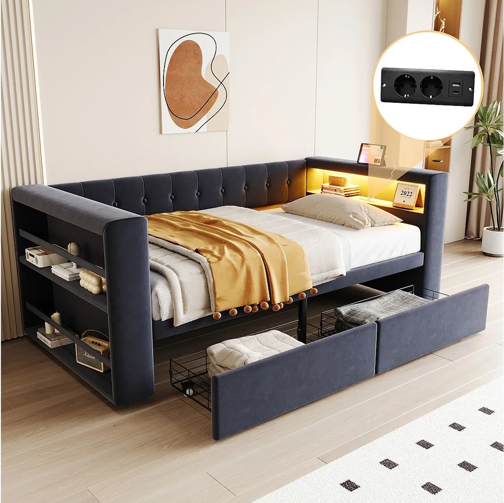 Łóżko dziecięce 90 x 190 cm - Łóżko pojedyncze z 2 szufladami i półką - flanela ciemnoszara - materac nie jest wliczony w cenę