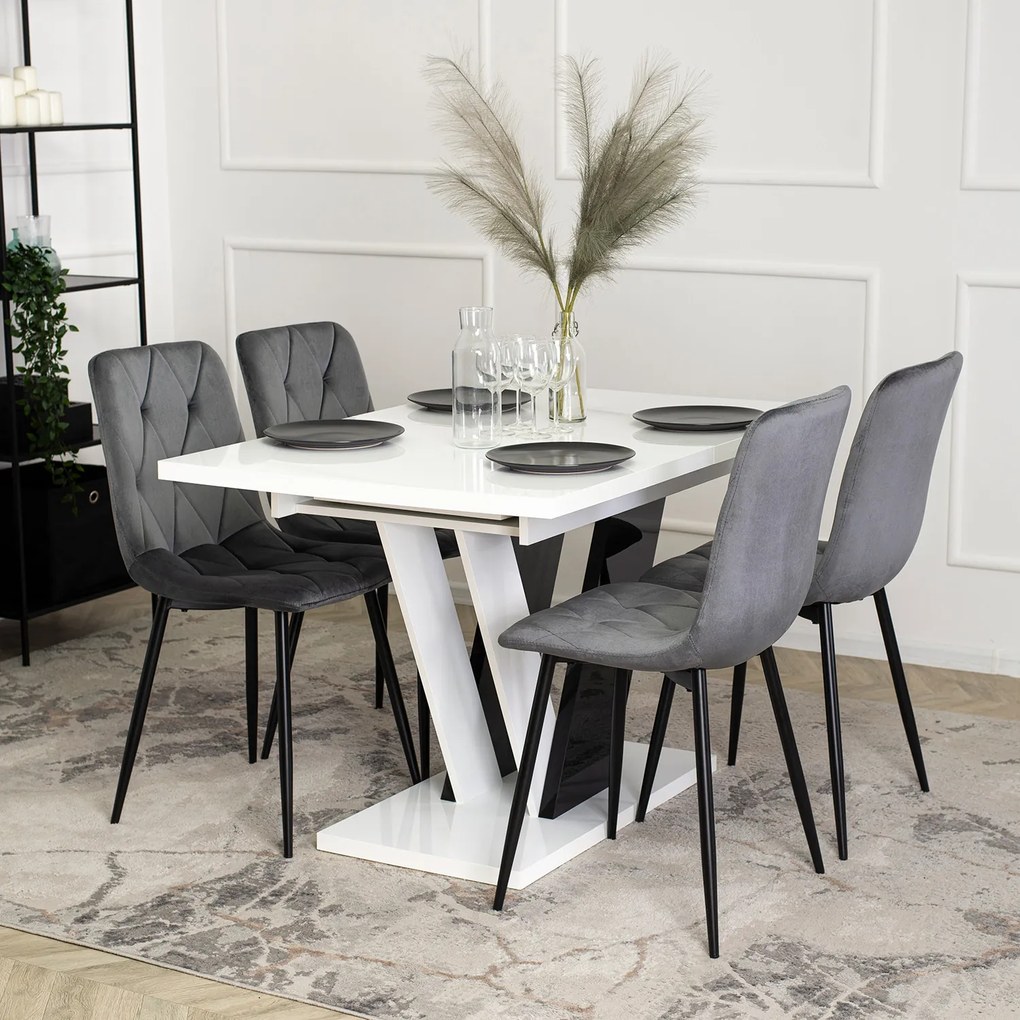 Zestaw Stół Prostokątny Rozkładany CLARK 120-160 cm Czarny/Biały Połysk i 4 Krzesła Tapicerowane do Salonu ROBIN Szare Welurowe
