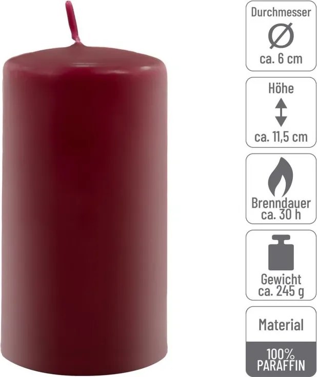 Zestaw świec słupkowych, 11,5 cm, Ø 6 cm, bordowe 18szt