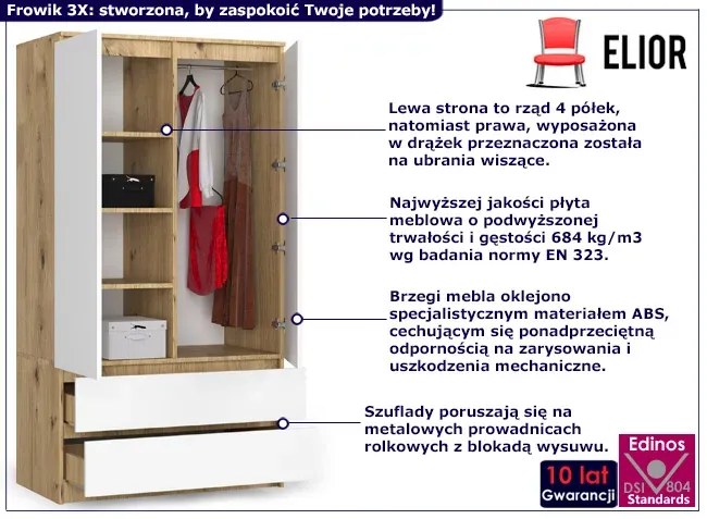 Szafa dwudrzwiowa z drążkiem i półkami dąb artisan + biały P6-S12