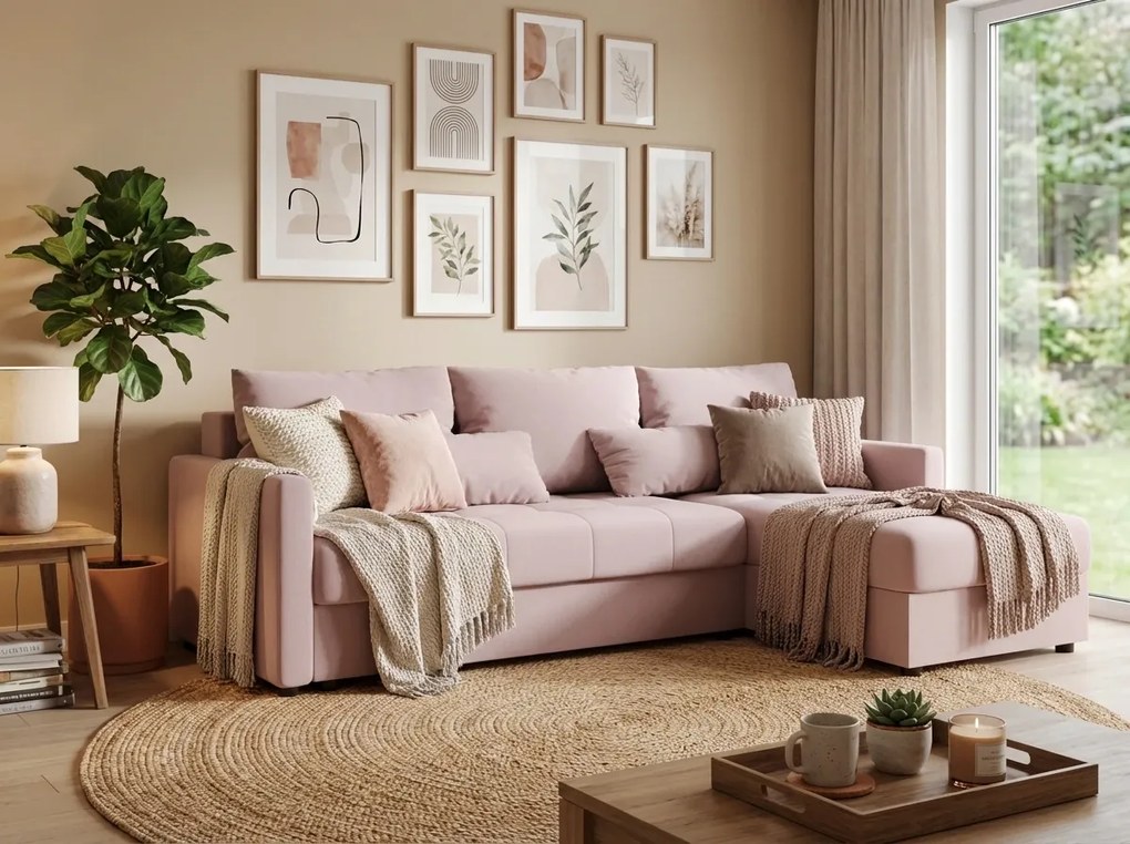 Rozkładana narożna sofa VENORIA 220x143 cm, pudroworóżowa, uniwersalna + 2 poduszki GRATIS