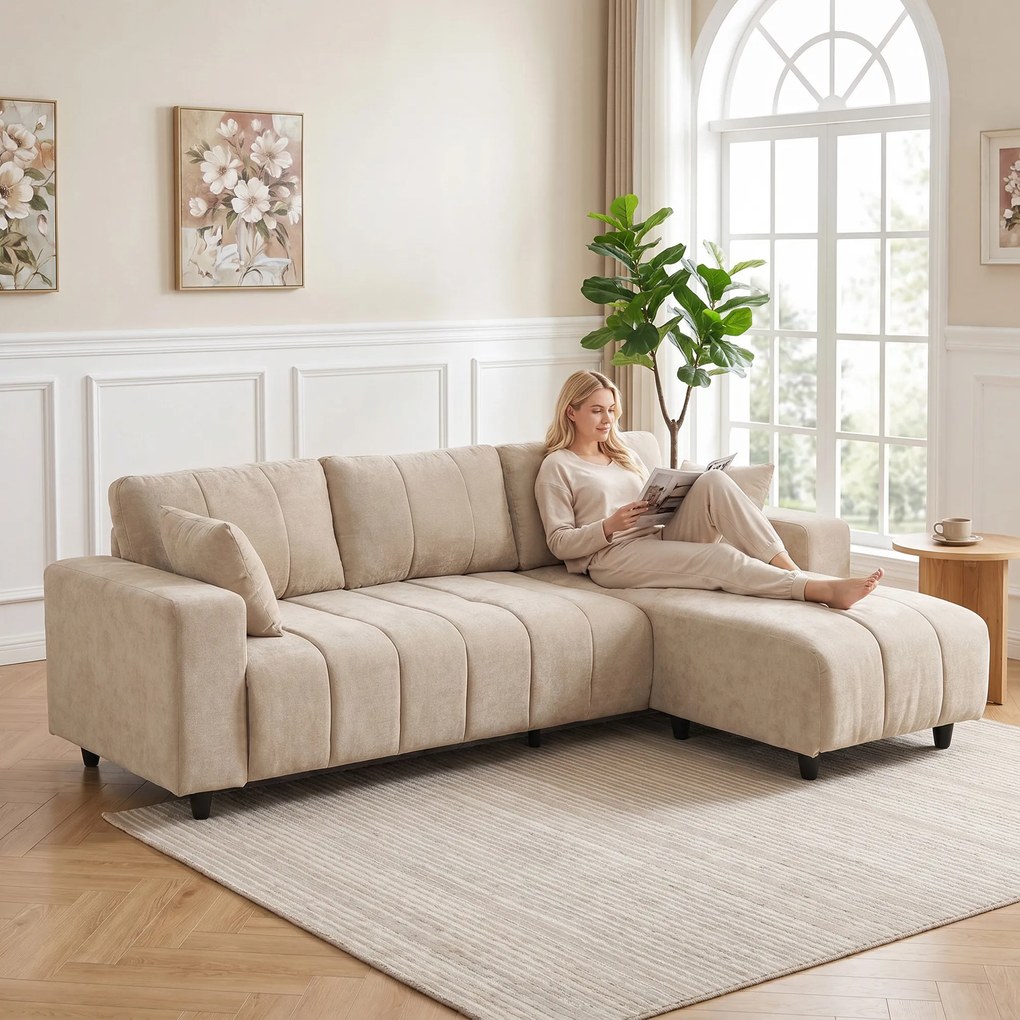 HOMCOM Narożnik w kształcie L z elastycznym szezlongiem, 3-osobowa sofa z 2 poduszkami, stalowy stelaż, do salonu, beżowy | Aosom PL