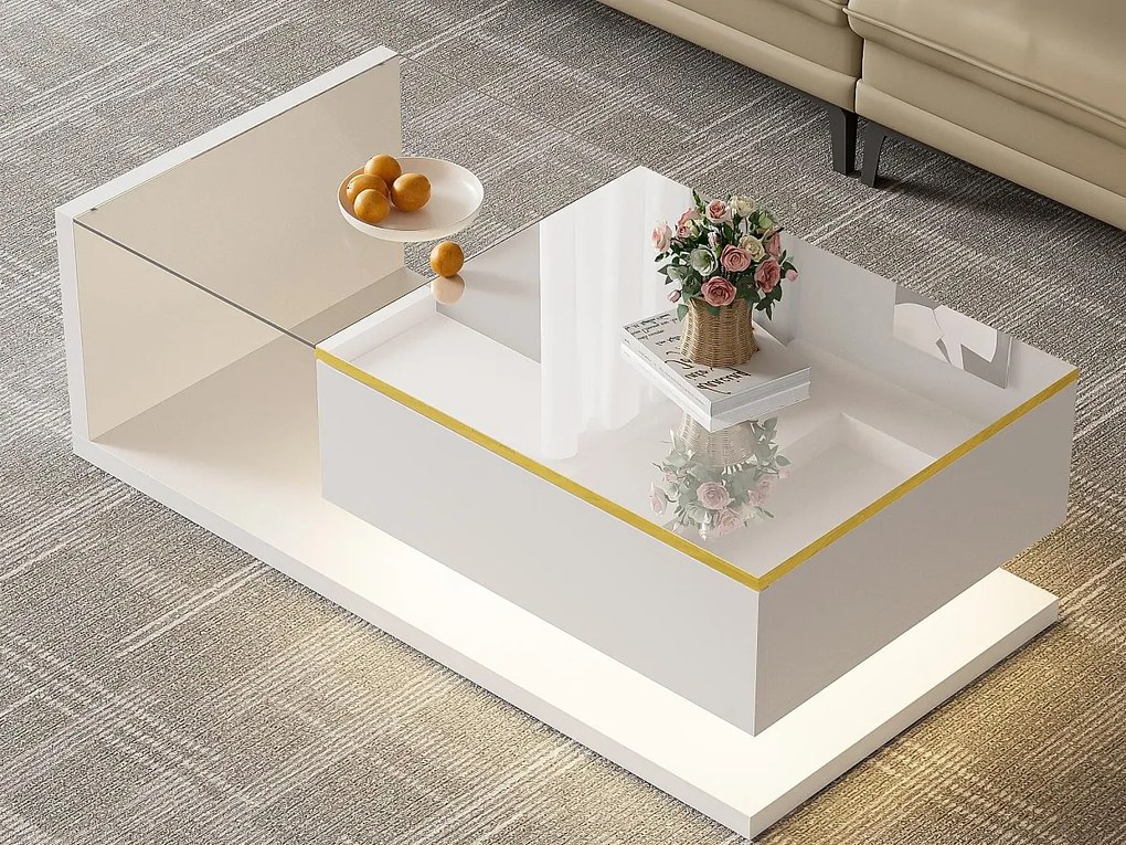 Nowoczesny stolik kawowy – Szkło – Oświetlenie LED – Schowek – Biały