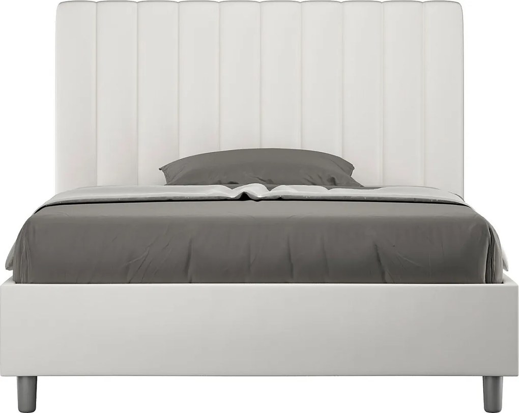 Łóżko wyposażone w stelaż z listwami z pojemnikiem tapicerowane 140x190 sztucznej skóry biały Agueda