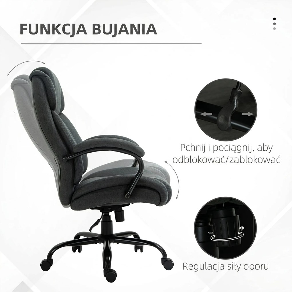 Vinsetto Fotel biurowy, Ergonomiczny fotel biurowy, Fotel obrotowy z wyściełanym podłokietnikiem, do 220 kg, Szary