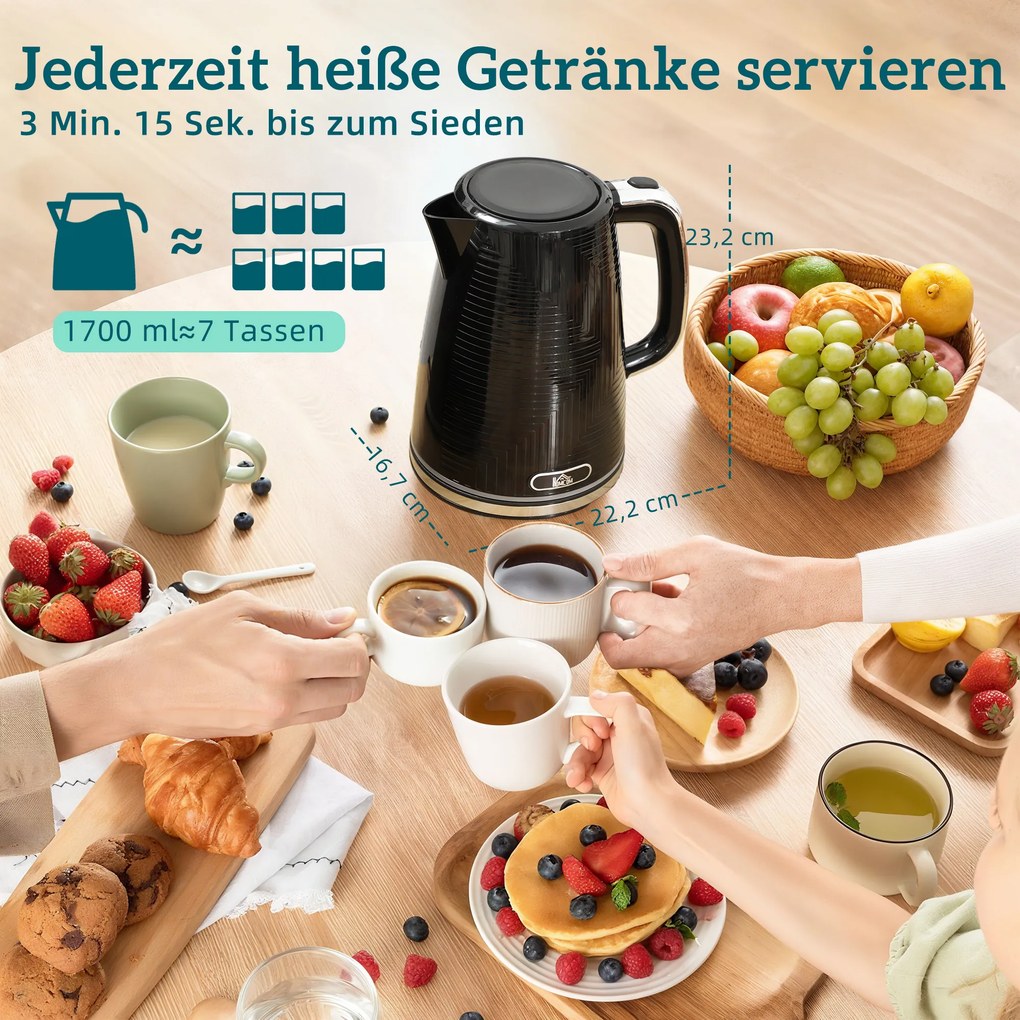 HOMCOM Zestaw czajnik i toster, 2200W, Otter-Thermostat, 2-szczelinowy toster, 7 poziomów przyrumienienia, szuflada na okruchy, czarny
