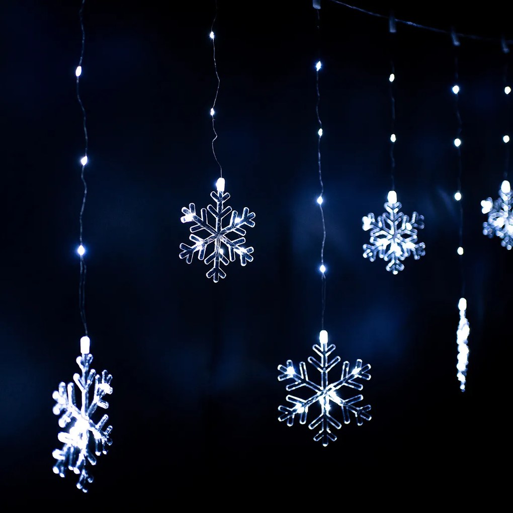Kurtyna świetlna zewnętrzna Snowflakes, 200 x 60 cm, LED zimna biała timer, 8 funkcji, na baterie, 200 cm