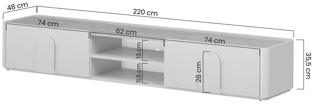 Szafka RTV Amilio 220 cm z szufladą - kaszmir / dąb olejowany / uchwyty dąb jasny