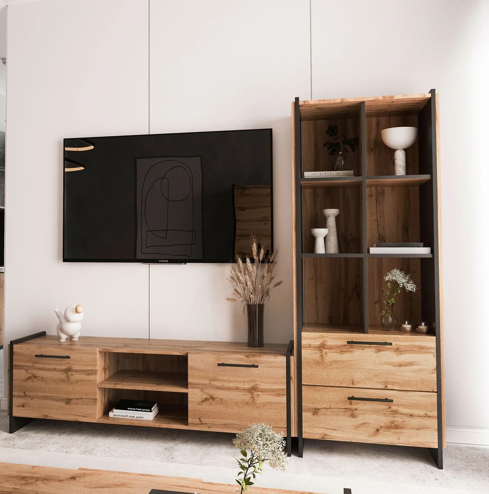 Nowoczesna szafka RTV dąb wotan + czarny F7-G12