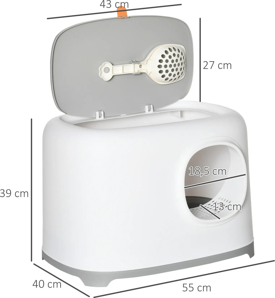 PawHut kuweta dla kota z ażurowym dnem i otwieranym dachem, kolor biały + jasnoszary, 55 x 40 x 39 cm