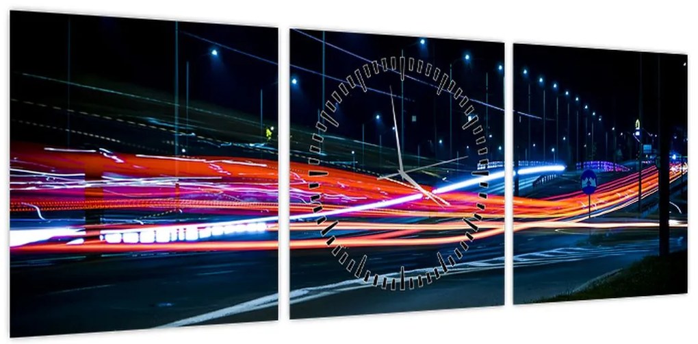 Obraz miasto nocą (z zegarem) (90x30 cm)