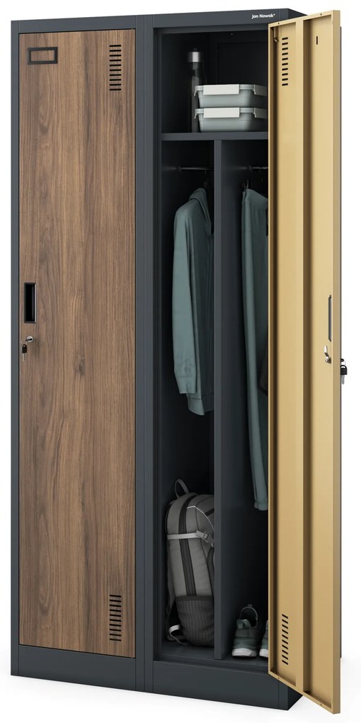 Szafka ubraniowa pracownicza czterokomorowa antracytowa/orzech, 800x1800x500 mm: KACPER Eco Design