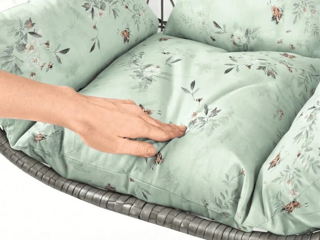 Szare wiszące krzesło KOKON bez stojaka, jasny zielony poduszka ze wzorem