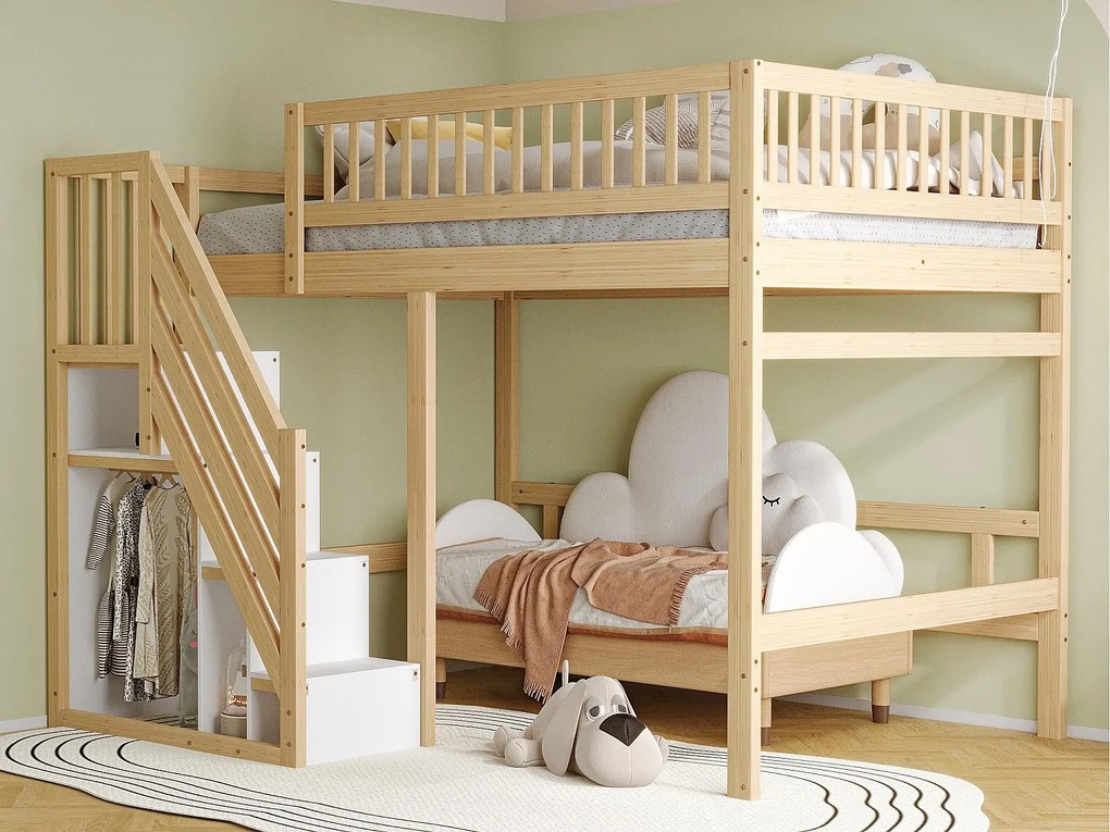 Łóżko mezzanine 140x200cm - ze schodami z miejscem do przechowywania - drewno lite + sklejka + MDF - Naturalny
