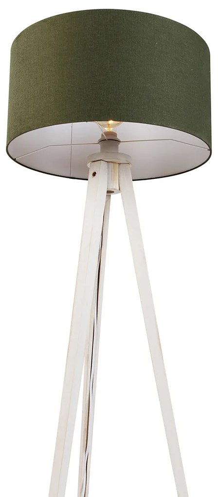 Lampa podłogowa trójnóg biała z materiałowym abażurem ciemnozielonym 50 cm - Tripod Classic Rustykalny / Vintage Oswietlenie wewnetrzne