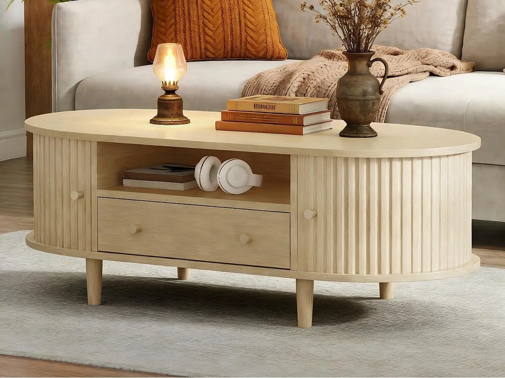 Owalny stolik kawowy 100x50x36 cm - 1 szuflada i 2 drzwi przesuwne - Otwarte miejsce do przechowywania - Fornir orzechowy - MDF - Naturalny