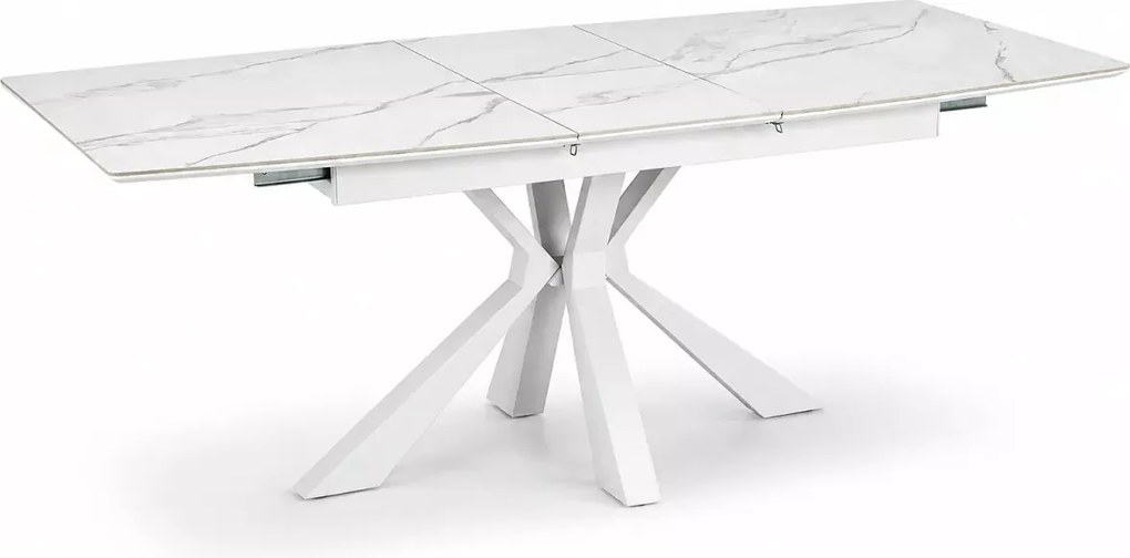 Stół Vivald rozkładany 160–200 cm – biały marmur spiek MDF, stalowa krzyżowa podstawa, elegancki stół do jadalni i salonu
