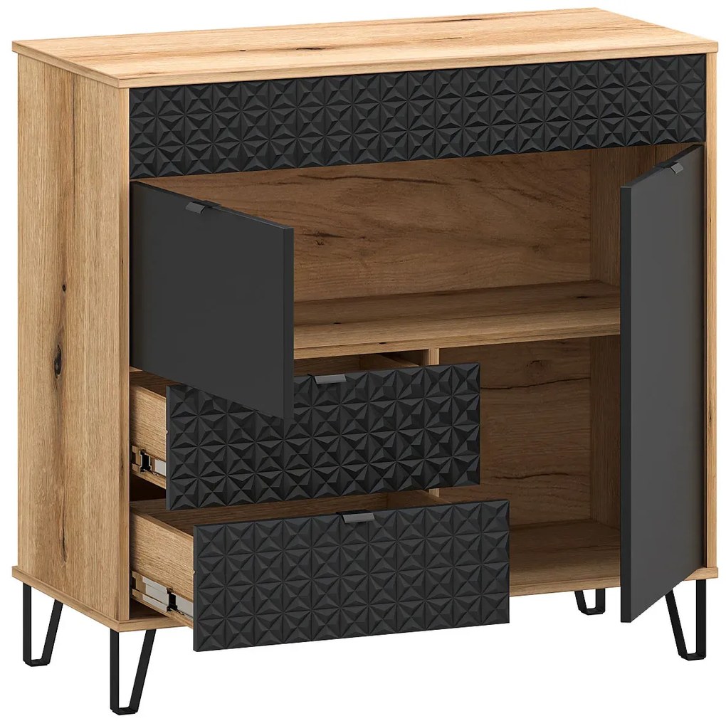 Komoda z szufladami na nóżkach dąb evok + czarny H6-M32