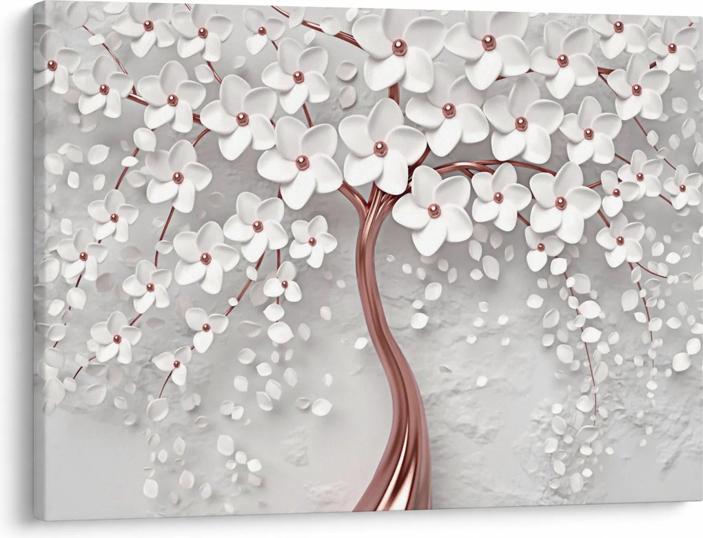 Obraz - Obraz białego drzewa z kwiatami, rosegold (70x50 cm)