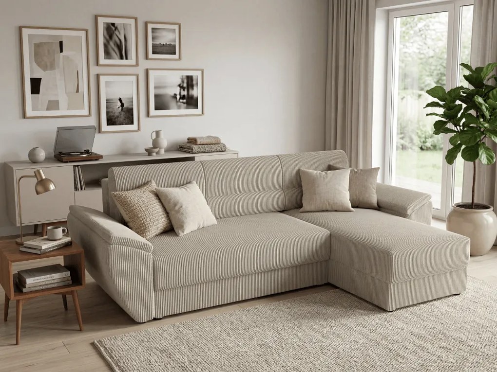 Rozkładana narożna sofa TAVERO 251x140 cm, jasnobeżowa, uniwersalna