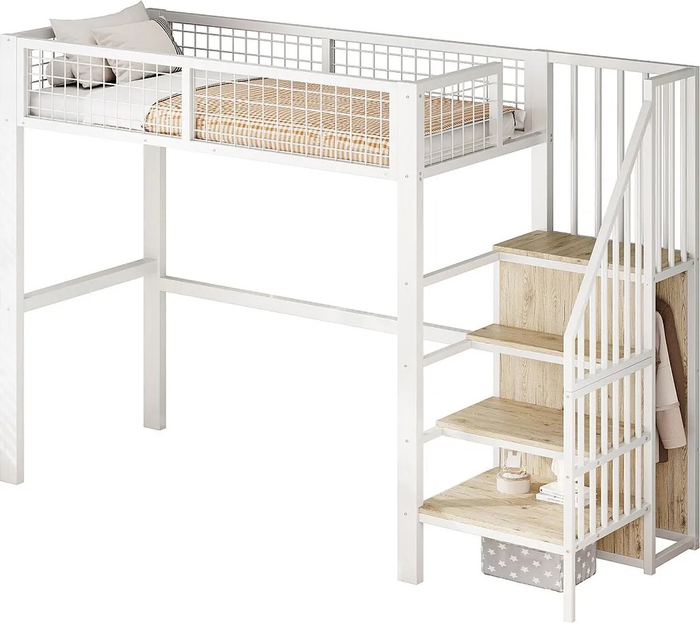 Łóżko mezzanine 90x200 cm z szafą i schodami - metalowa rama - Biała