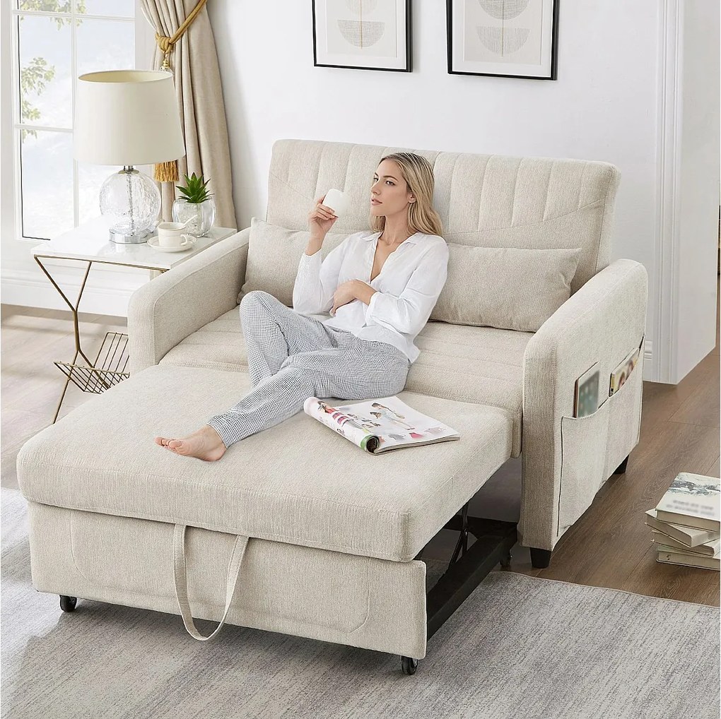 Sofa 2-osobowa beżowa - Sofa wypoczynkowa z funkcją rozkładania i dwiema poduszkami - regulowane oparcie - tkanina bawełniana i lniana