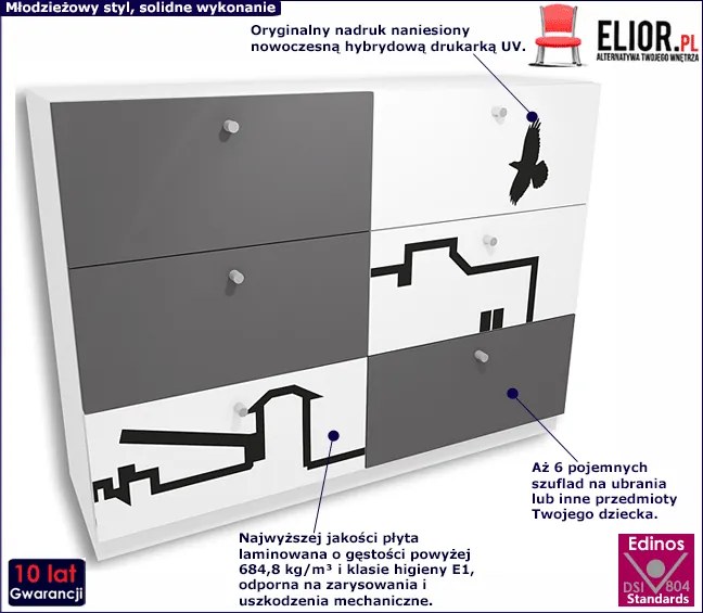 Biało-grafitowa komoda młodzieżowa z szufladami Erwa 6X - 5 kolorów