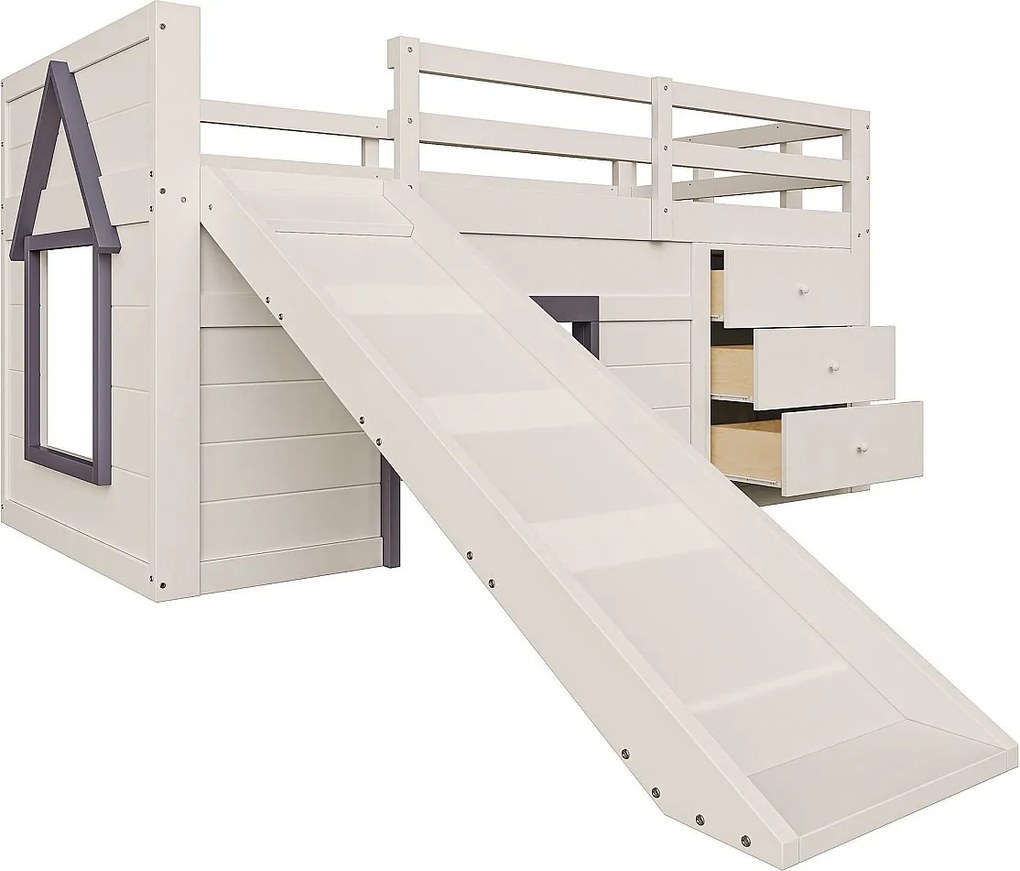 Łóżko mezzanine dla dzieci 90x200 cm - ze zjeżdżalnią - 3 szuflady - kremowe (bez materaca)