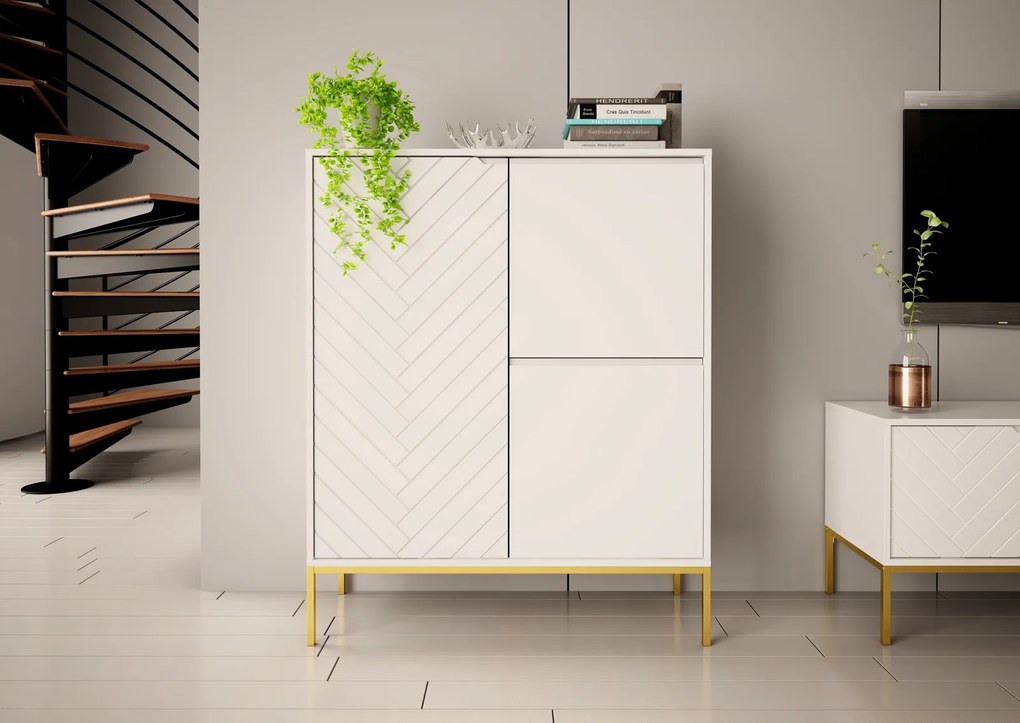 Wysoka komoda glamour w jodełkę Aspen 07 biały mat/złoty