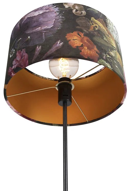 Lampa stojąca czarna z abażurem z aksamitu w kwiaty 35 cm - Parte klasyczny/Antyczny Oswietlenie wewnetrzne
