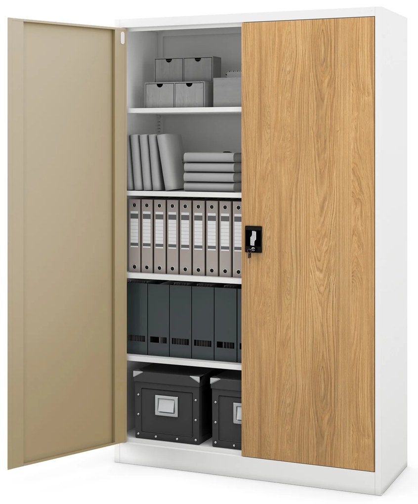 Szafa biurowa metalowa na akta, szeroka, biały/złoty dąb, 1150x1850x400 mm: JAN II Eco Design