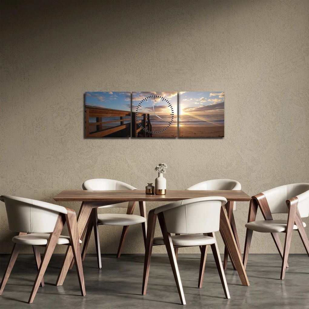 Obraz molo, plaży i morza (z zegarem) (90x30 cm)