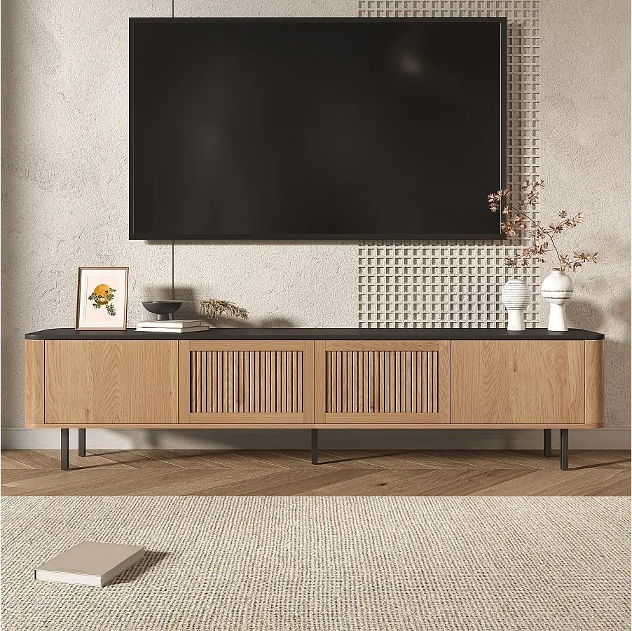 Nowoczesna szafka RTV - 190 x 35 x 45 cm - z 4 drzwiami - Unikalny design - Płyta MDF + Płyta wiórowa - Naturalna