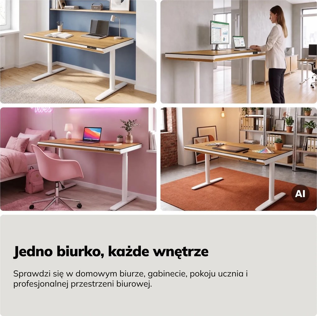 Biurko elektryczne z regulacją wysokości Ellis 140x70 cm, dąb złoty/biały
