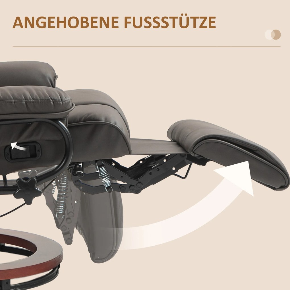 HOMCOM Obrotowy fotel relaksacyjny z funkcją leżenia, do 150 kg, obicie ze skóry ekologicznej, stelaż stalowy, Brązowy