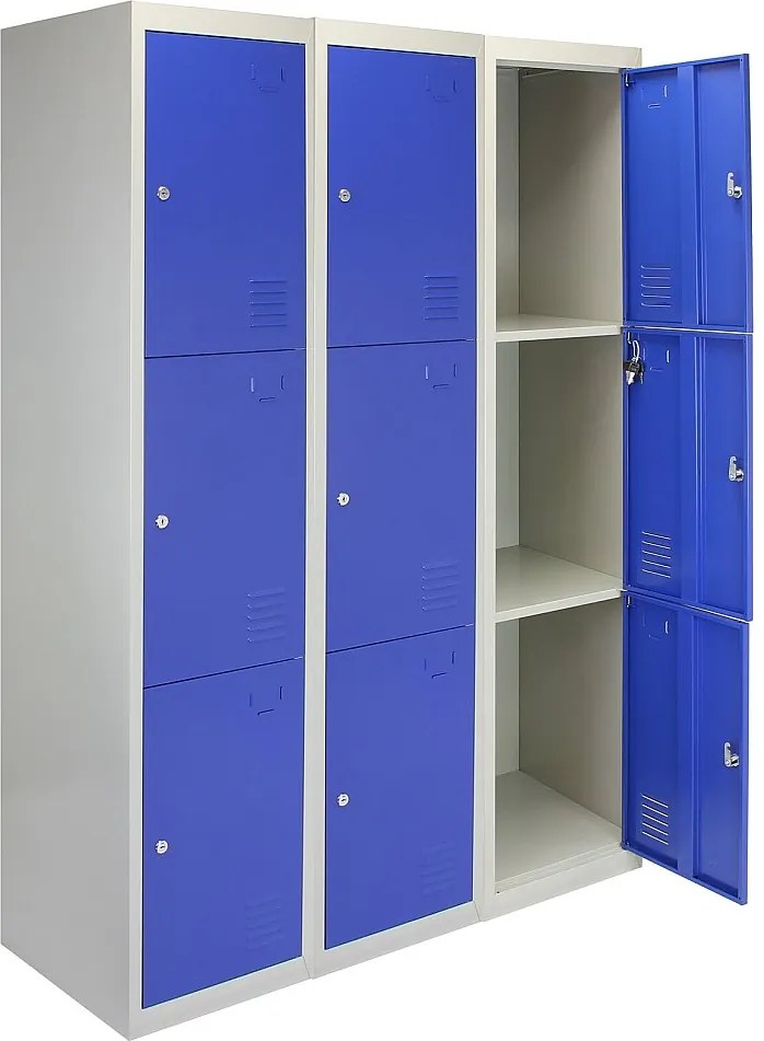 3 x metalowe szafki do przechowywania – trzy drzwi, niebieskie – w płaskim opakowaniu