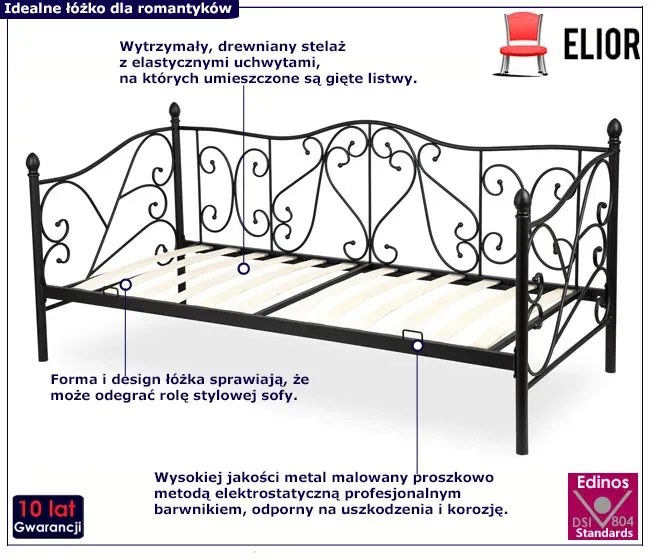 Czarne metalowe zdobione łóżko jednoosobowe 90x200 - Eklo