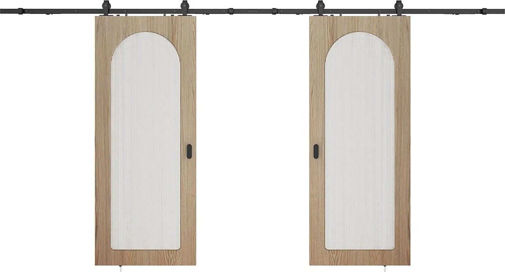 Drzwi podwójne przesuwne naścienne z drewna i MDF - łuk ze szkła hartowanego karbowanego - 2 x wys. 205 x szer. 83 cm - ODEZA
