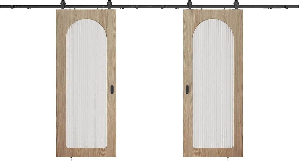 Podwójne drzwi przesuwne naścienne z drewna i MDF - łuk ze szkła hartowanego karbowanego - 2 x wys. 205 x szer. 83 cm - ODEZA