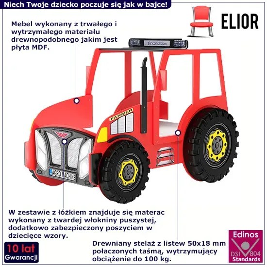 Czerwone łóżko dziecięce traktor - Vivus 90x180 cm