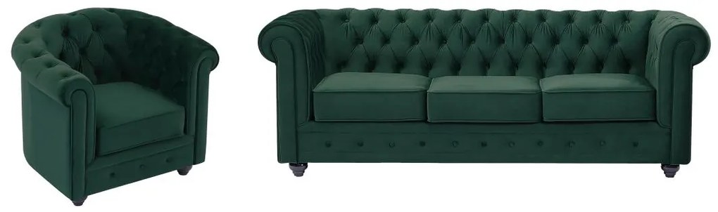 Kanapa 3 osobowa i fotel z zielonego weluru - CHESTERFIELD