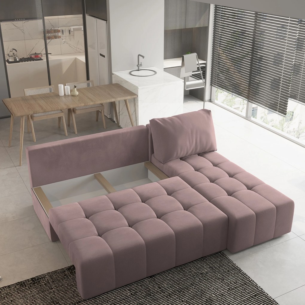 Masseno Narożnik DOMIRA z funkcją spania i pojemnikiem na pościel Narozniki L, Rozkładana sofa - Pudrowy róż, KRONOS 27